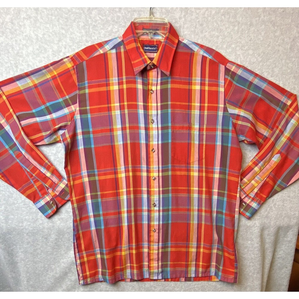 Vintage Traditionalist Mens Red Multi Color Plaid Button Up Size Large RN 43952